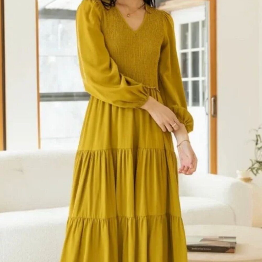 Bohme Chartreuse Smocked Tiered V-Neck Dress